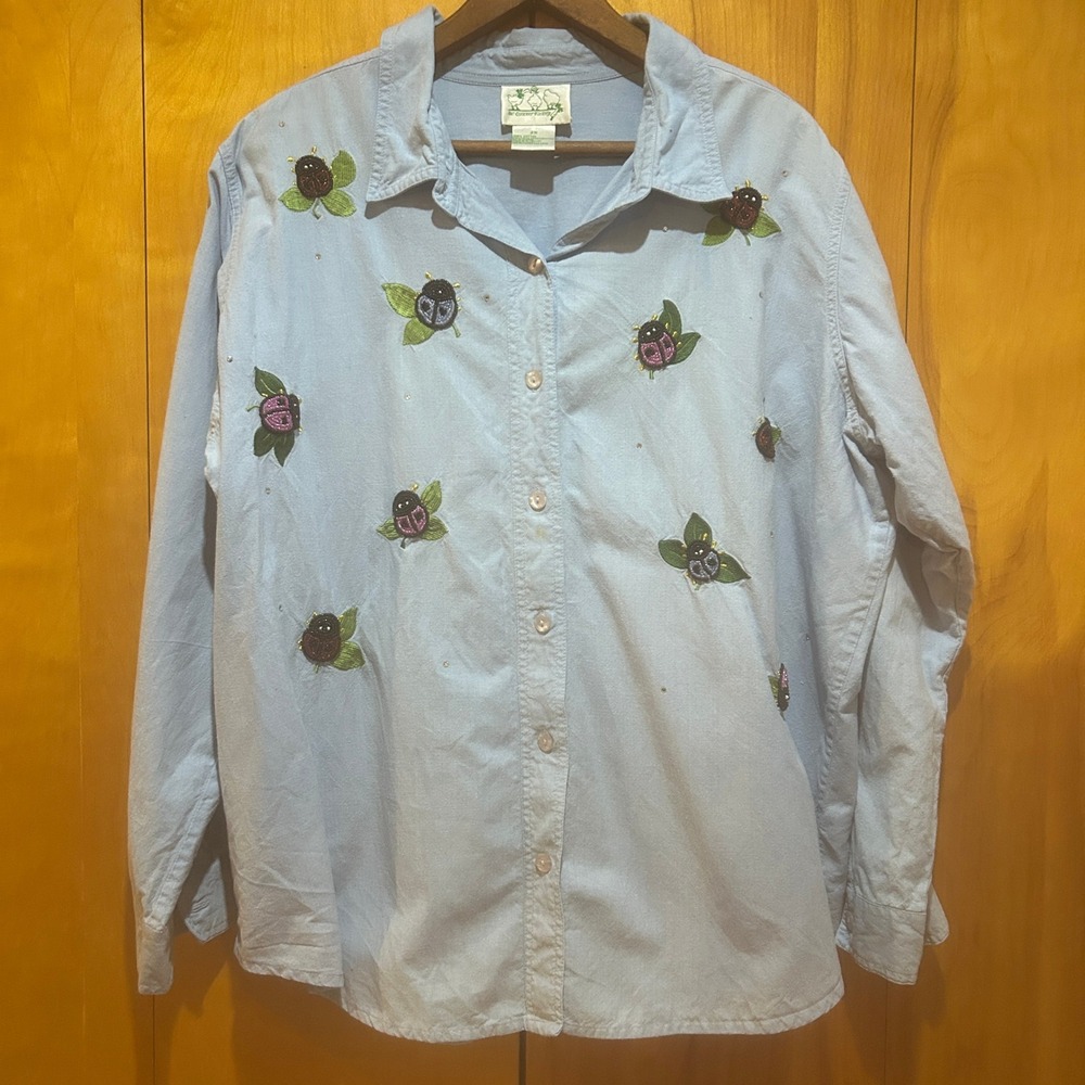 Quacker Factory Shirt Womens 2X Beaded Ladybug Cotton Denim Quirky Novelty *Flaw